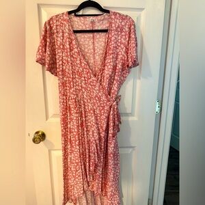 Pink Floral Midi Wrap Dress